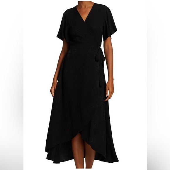 Nation Ltd Jacquard Wrap Ruffle Hem Dress Black - Picture 3 of 11